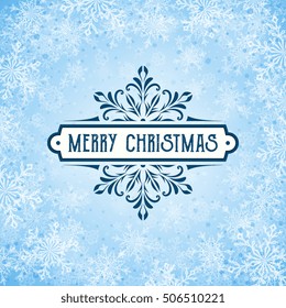 Christmas greeting card with typography design on the abstract snowflakes background. Vector file.