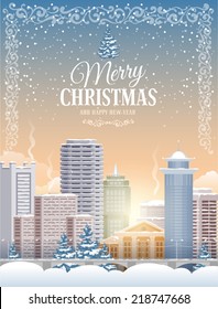 Christmas greeting card with the urban landscape and snowfall. Detailed vector picture. 