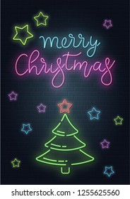 Christmas greeting card, vector background. Christmas lettering in Neon style on brick background. Blue and Purple neon colors, neon stars and xmas fir-tree. Hand drawn lettering. Vector illustration