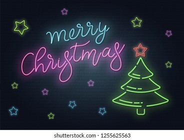 Christmas greeting card, vector background. Christmas lettering in Neon style on brick background. Blue and Purple neon colors, neon stars and xmas fir-tree. Hand drawn lettering. Vector