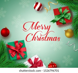 Christmas greeting card vector background. Merry christmas typography text with colorful xmas decor elements of gifts, balls, pine leaves and confetti in green background with snowflakes. 