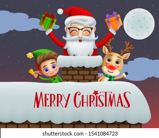 Christmas greeting card vector background design. Merry christmas text with xmas characters of elf, reindeer and santa claus holding gifts in chimney roof with snow falling at night background.