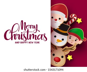 Christmas greeting card vector background template. Merry christmas typography text in empty white space for messages with snowman, reindeer, santa claus and cookie gingerbread elements in red.