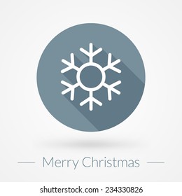 Christmas greeting card vector background in flat design style. Snowflake line icon with long shadow
