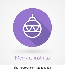 Christmas greeting card vector background in flat design style. Christmas ball line icon with long shadow