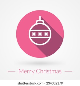 Christmas greeting card vector background in flat design style. Christmas ball line icon with long shadow