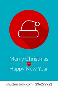 Christmas greeting card vector background in flat design style. Christmas hat line icon with long shadow