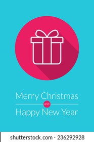 Christmas greeting card vector background in flat design style. Christmas gift box line icon with long shadow