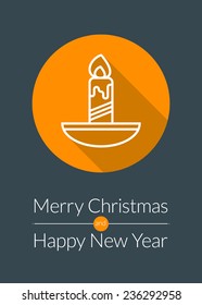 Christmas greeting card vector background in flat design style. Christmas candle line icon with long shadow