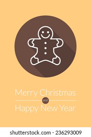 Christmas greeting card vector background in flat design style. Gingerbread line icon with long shadow