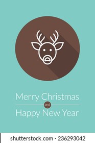Christmas greeting card vector background in flat design style. Christmas reindeer line icon with long shadow