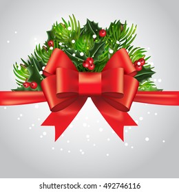 Christmas greeting card. vector Christmas background with red bow and traditional ornaments. Branches of trees and holly. Red berries. Vector banner