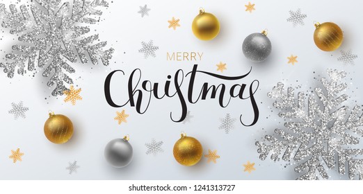 Christmas greeting card,  vector background.Gold and silver Christmas ball, with an ornament and spangles. Metallic gold and silver Christmas snowflake. Hand drawn lettering. Vector illustration