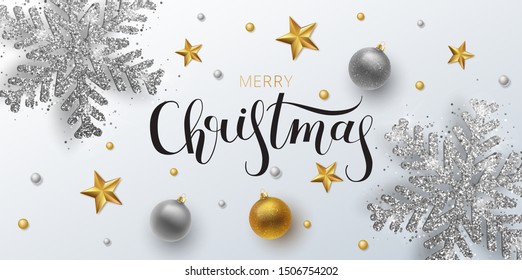 Christmas greeting card,  vector background.Gold and silver Christmas ball, with an ornament and spangles. Metallic gold and silver Christmas snowflake. Hand drawn lettering. Vector illustration