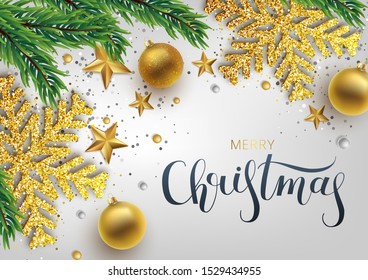 Christmas greeting card, vector background.Gold Christmas ball, and branch fir-tree. Metallic gold and silver Christmas snowflake. Hand drawn lettering. Vector illustration