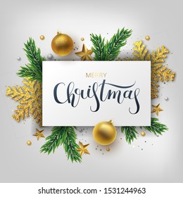 Christmas greeting card, vector background.Gold Christmas ball, and branch fir-tree. Metallic gold and silver Christmas snowflake. Hand drawn lettering. Vector illustration
