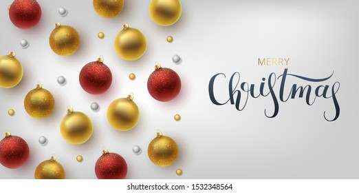 Christmas greeting card, vector background.Gold and red Christmas ball. Hand drawn lettering. Vector illustration
