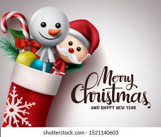 Christmas greeting card vector banner. Merry christmas typography with xmas decoration like snowman, santa claus, and candy cane on sock for holiday season invitation. Vector illustration.