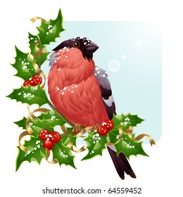 Christmas greeting card. Vector bullfinch and holly
