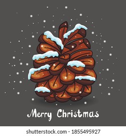 Christmas greeting card with vector cartoon fir cones and flying snow. Holiday illustration