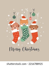 Tarjeta de felicitación de Navidad.  Ilustración vectorial de dibujos animados con tres adorables cachorros de dibujos animados en medias navideñas. Perros pequeños con sombreros de Santa. Aislado en segundo plano