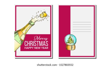 Christmas Greeting Card Vector. Champagne Bottle. Seasons. Holiday Concept. Hand Drawn In Vintage Style Illustration