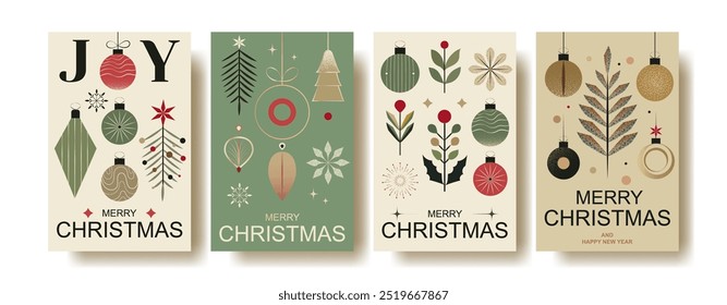 Christmas Greeting Card Vector Collection – Modern Retro Illustrations with Seasonal Elements  as Christmas Trees, Ornaments, Snowflakes, and Calligraphy Text. Includes Abstract and Cartoon Design