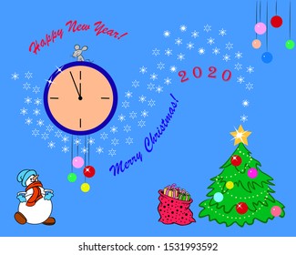 Christmas greeting card vector design with christmas tree, snowman, snowflakes, clock and gifts. New Year banner.