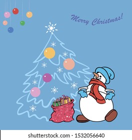 Christmas greeting card vector design with christmas tree, snowman, snowflakes and gifts.