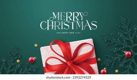 Diseño vectorial de tarjetas de felicitación de Navidad. Feliz navidad y feliz texto de año nuevo con caja de regalo y reluciente de nieve elementos adornos de navidad. Tarjeta de felicitación elegante verde de ilustración vectorial.
