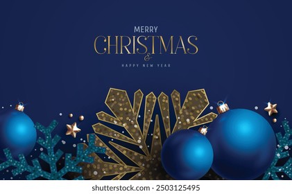 Christmas greeting card vector design. Merry christmas and happy new year greeting text with xmas balls, glitters snowflakes, stars decoration ornaments in blue elegant background. Vector illustration