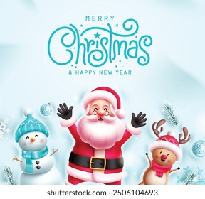 Christmas greeting card vector design. Merry christmas greeting text with waving santa claus, cute snowman and reindeer characters in cold snow winter background. Vector illustration seasonal 