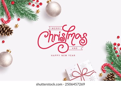 Christmas greeting card vector design. Merry christmas and happy new year greeting text with spruce leaves, balls, holly berry and gift box decoration elements. Vector illustration holiday season 