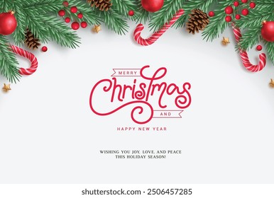 Christmas greeting card vector design. Merry christmas and happy new year greeting text with spruce leaves garland, candy cane, xmas balls and holly berry decoration elements. Vector illustration 