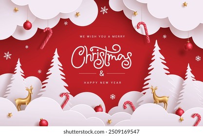 Christmas greeting card vector design. Merry christmas and happy new year with paper cut cloud, pine tree and xmas decoration elements in red background. Vector illustration paper cute greeting card. 