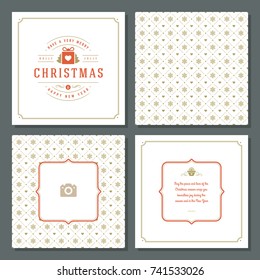 Christmas greeting card vector design and golden pattern background, with place for Merry Christmas holidays wish and family photo.