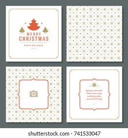 Christmas greeting card vector design and golden pattern background, with place for Merry Christmas holidays wish and family photo.