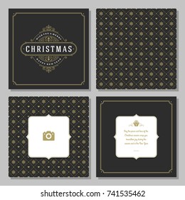Christmas greeting card vector design and golden pattern background, with place for Merry Christmas holidays wish and family photo.