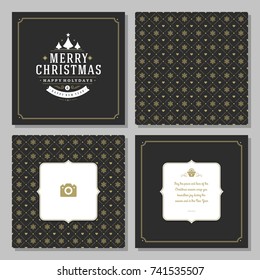 Christmas greeting card vector design and golden pattern background, with place for Merry Christmas holidays wish and family photo.