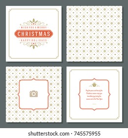 Christmas greeting card vector design and golden pattern background, with place for Merry Christmas holidays wish and family photo.