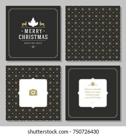 Christmas greeting card vector design and golden pattern background, with place for Merry Christmas holidays wish and family photo.
