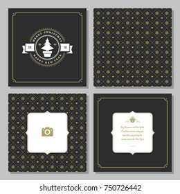 Christmas greeting card vector design and golden pattern background, with place for Merry Christmas holidays wish and family photo.
