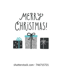 Christmas greeting card. Vector hand drawn illustration with glitter elements