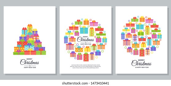 Christmas greeting card. Vector. Happy New year design with gift boxes on white background. Holiday decoration banner. Creative template postcard with wrapped presents. Cartoon flat illustration. 