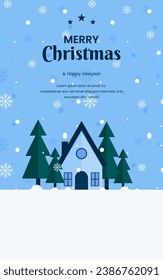 Christmas greeting card with vector house and snowy pine tree in winter atmosphere