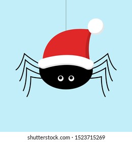 Christmas greeting card. Vector Illustration of a cute black spider in a santa hat sitting on a web. Light blue background
