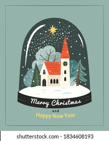 Christmas Greeting Card. Vector Illustration In Contemporary Flat Style Of Glass Snow Globe With Winter Landscape And Church Inside. Isolated On Background