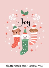 Christmas Greeting card. Vector illustration of three cute cartoon puppies in Christmas socks, isolated on abstract light pink background