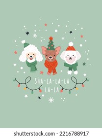 Christmas greeting card. Vector illustration with three cute dog faces in winter and party hats, and scarfs surrounded by snow, stars, and garlands. Isolated on light green background