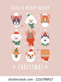 Christmas greeting card. Vector illustration with cute dog faces in winter and party hats, and scarfs surrounded by snow, stars, mistletoes, and candy canes. Isolated on light pink background